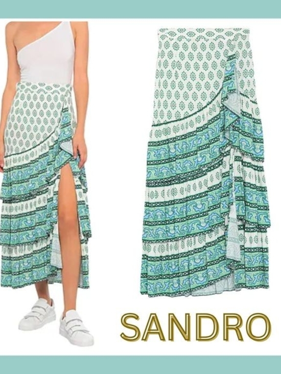 Sandro Dresses & Skirts - Sandro Green & White Printed Ruffle Wrap Skirt